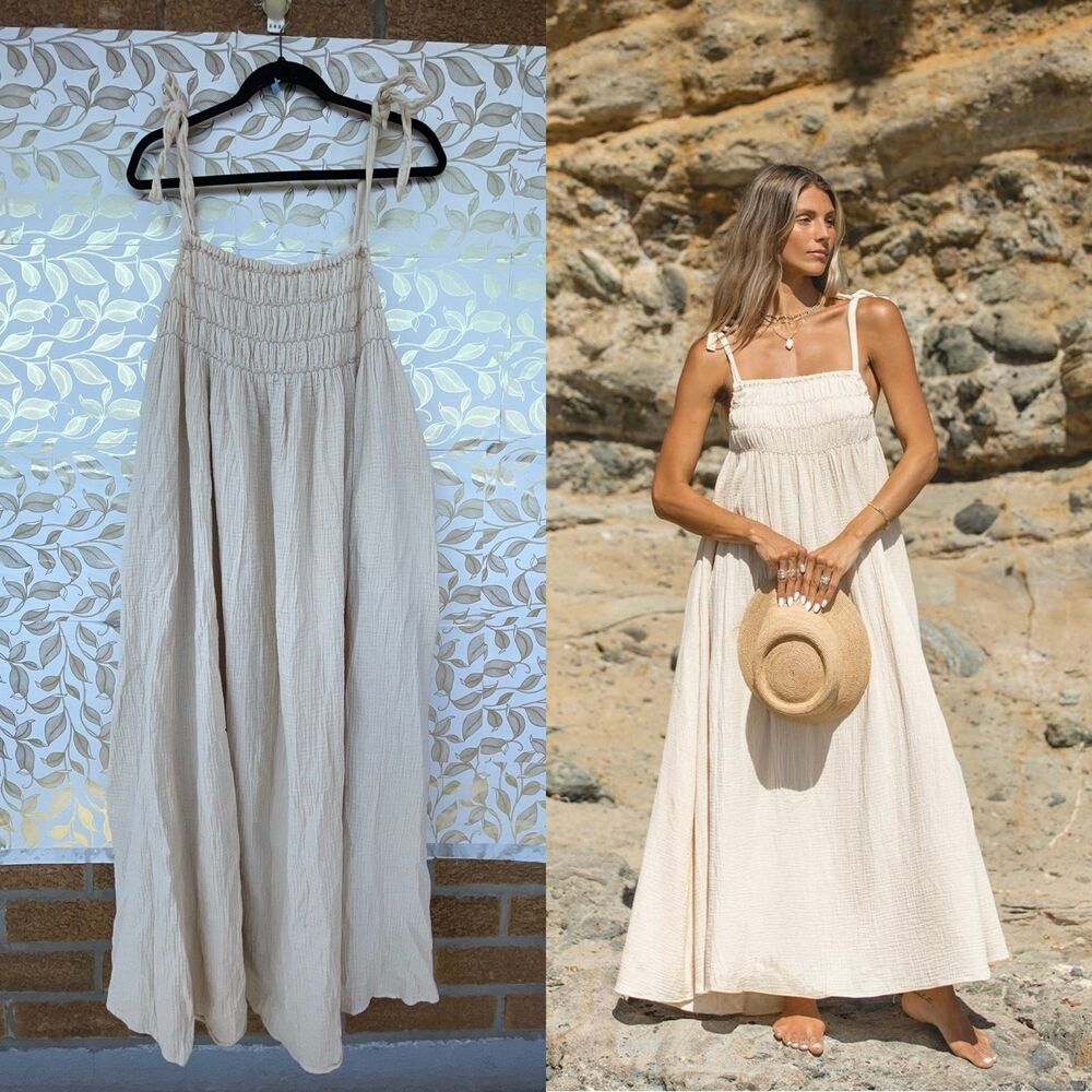 SOLAÍ Beige Cotton Gauze Maxi Dress Cottagecore Smocked Boho Beach Resort L